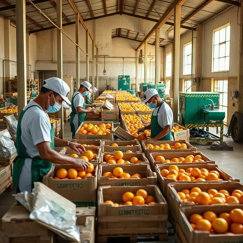 Trabajadores en una planta de empaque de cítricos en el litoral de Salto